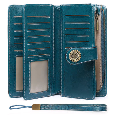 Sendefn Wallets for Women Genuine Leather Credit Card Holder with RFID Blocking Large Capacity Wristlet