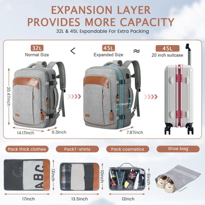 CshidWorld Travel Backpack for Men Women, Airplane Approved Expandable Carry on Backpack with 3 Packing Cubes and 1 Shoes Bag, 45L Large Travel Essentials Backpack for Weekender Business Hiking, Gray