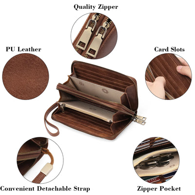 FALAN MULE Wallet for Women Double Zipper Phone Clutch RFID Blocking Vegan Leather Wristlet Purse Large Capacity Long Credit Card Holder with Grip Hand Strap