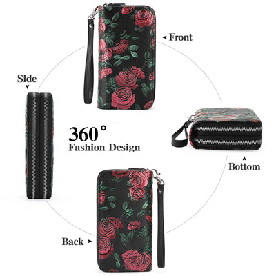 GOIACII Floral Women's Wallet Large Capacity Double Zip Ladies Card Phone Holder RFID Blocking Wristlet Leather with Gift Box