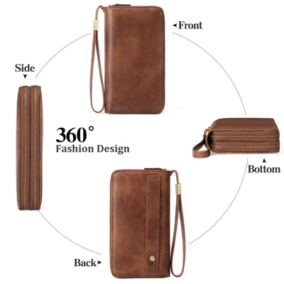 FALAN MULE Wallet for Women Double Zipper Phone Clutch RFID Blocking Vegan Leather Wristlet Purse Large Capacity Long Credit Card Holder with Grip Hand Strap