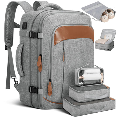 CshidWorld Travel Backpack for Men Women, Airplane Approved Expandable Carry on Backpack with 3 Packing Cubes and 1 Shoes Bag, 45L Large Travel Essentials Backpack for Weekender Business Hiking, Gray