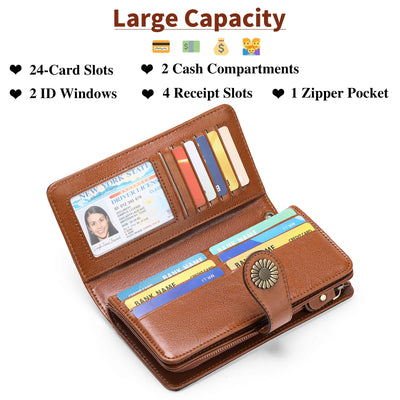 KALUNMA Wallets for Women Genuine Leather Credit Card Holder with RFID Blocking Large Capacity Wristlet