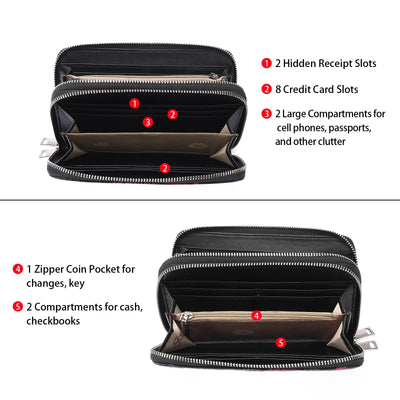 GOIACII Floral Women's Wallet Large Capacity Double Zip Ladies Card Phone Holder RFID Blocking Wristlet Leather with Gift Box