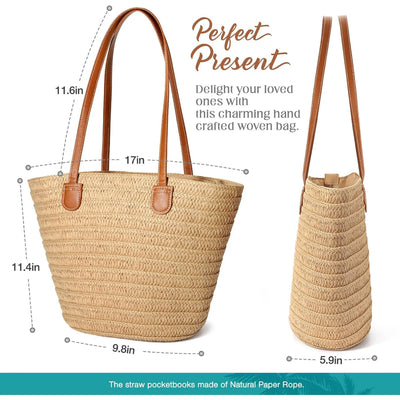 Gocvo Straw Beach Bag for Womens, Crossbody Shoulder Tote Bag with Zipper Vacation Purse for Summer