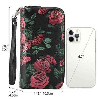GOIACII Floral Women's Wallet Large Capacity Double Zip Ladies Card Phone Holder RFID Blocking Wristlet Leather with Gift Box