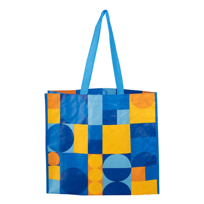 Reusable, Multi-Functional Wide Grocery Bag, Blue and Yellow Abstract Design