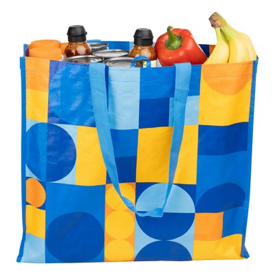 Reusable, Multi-Functional Wide Grocery Bag, Blue and Yellow Abstract Design