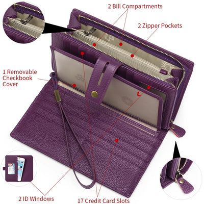 Sendefn Women Wristlet Wallets Large Capacity RFID Blocking Leather Wallets Credit Cards Organizer with Checkbook Holder